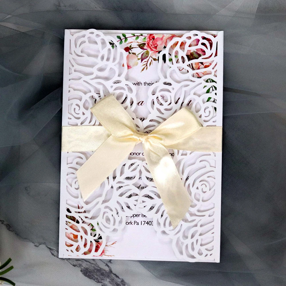  10pcs/lot European High-end White Wedding Invitation Card Laser Cut Floral Glittering Engagement Ba - 4.00023E+12