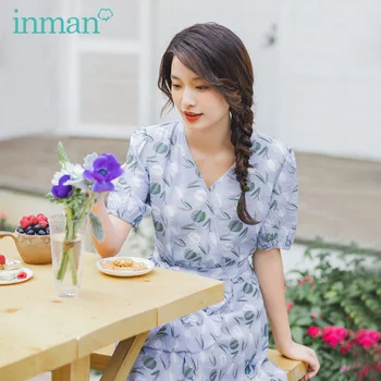 

INMAN 2020 Summer New Arrival V Neck Collar Fit Style Irregular Swing Lotus Design Floral Dress