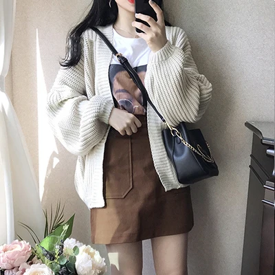 Beige Casual Knit Cardigan Sweaters Women Autumn Winter Plus Size Warm Cardigan Coat Female Solid Short Loose Sweater Coats Streetwear - Цвет: Beige