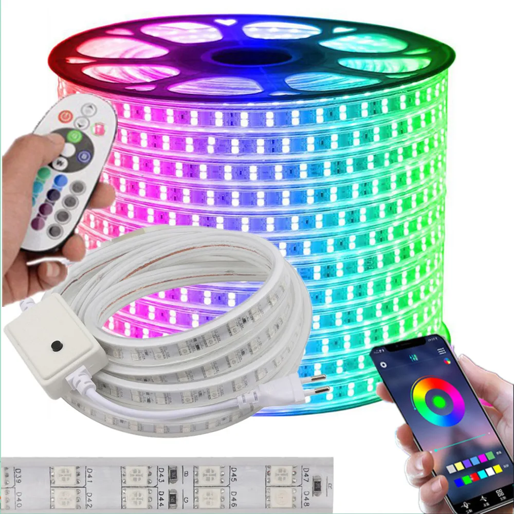 

APP Bluetooth 220V LED Strip Light Waterproof RGB 5050 SMD flexible Double row super bright lights bar 24-keyRemote control lamp