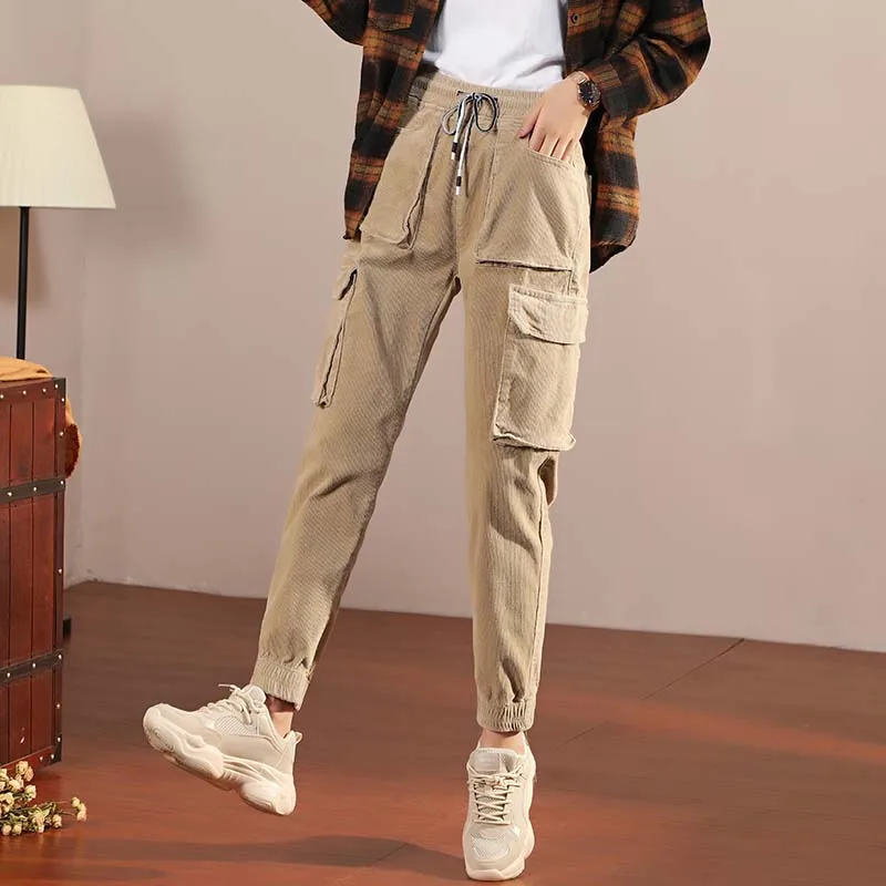 autumn beam feet high waist casual trousers Women's loose pocket harem pants Women's Elastic waist pants Female Corduroy pants
