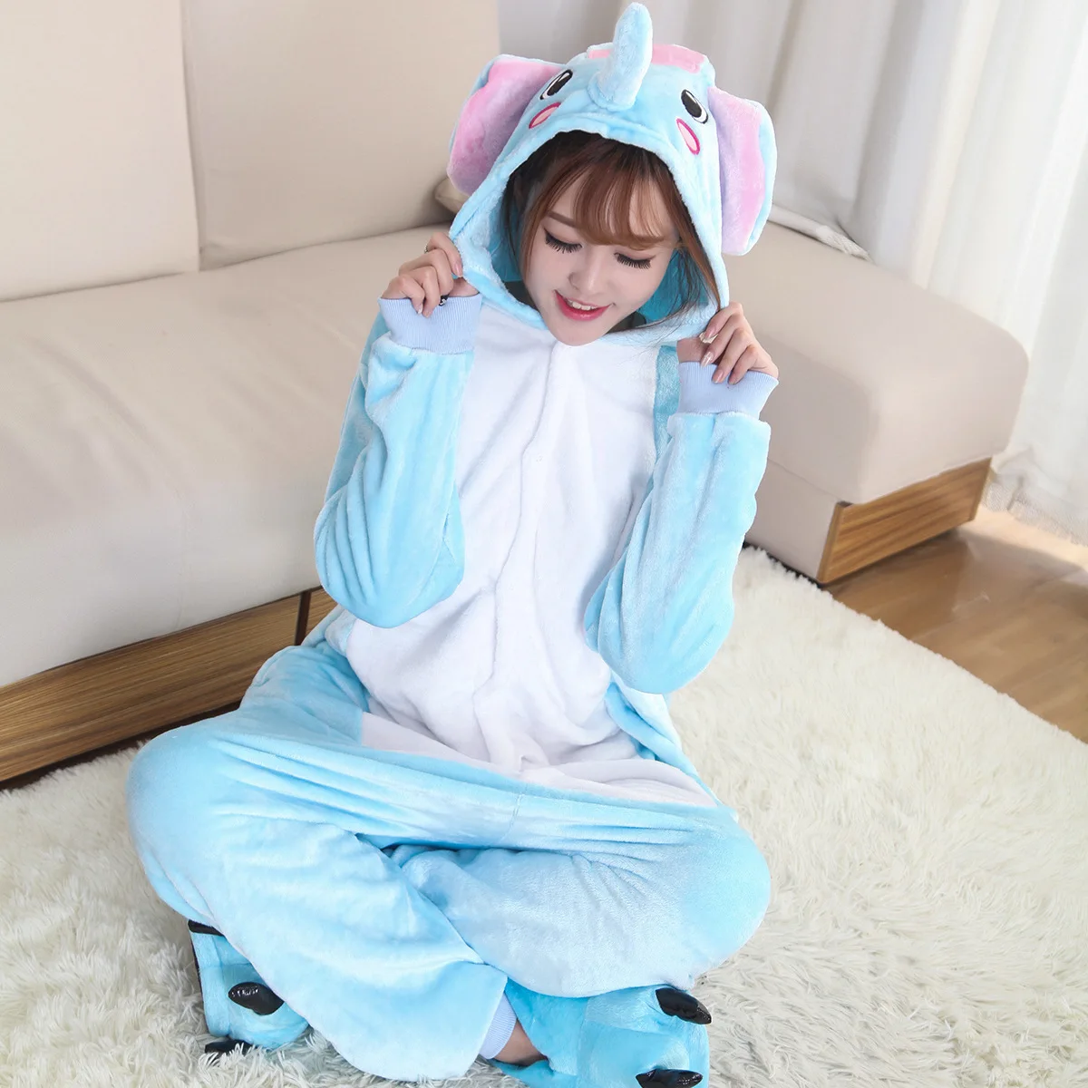 Голубой слон мультфильм цельный Пижама Зимние Животные фланелевые Туалет топы