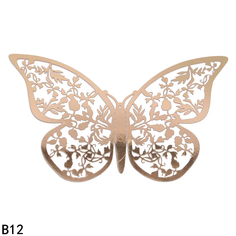 12 шт./компл. 3D полые бабочки наклейки на стену для дверь холодильника стикеры 3 размера, серебро, розовое золото, домашний Свадебный декор поделки из бумаги - Цвет: B12