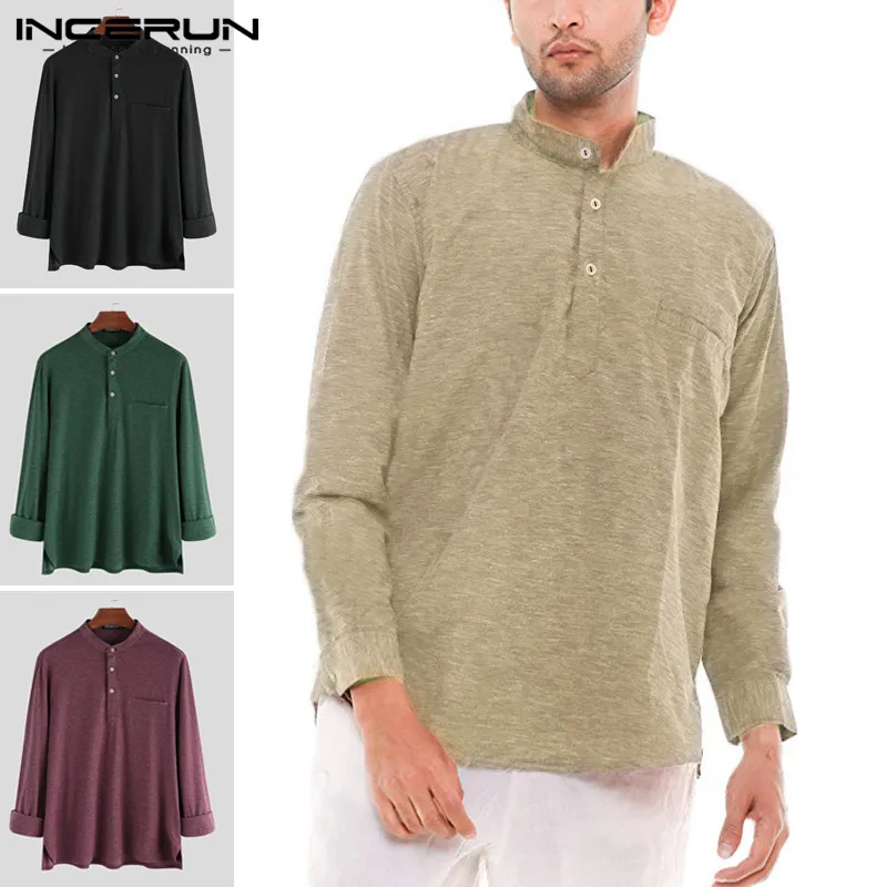 

Men Casual Shirt 2020 Stand Collar Long Sleeve Button Tops Leisure Oversized Shirts Breathable Vintage Men Clothing 5XL INCERUN