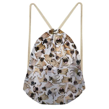 

THINK Cute 3D Pug Dog Printed Women Drawstring Bags Female String Polyester Bag Carry on Bag Women Men Travel Storage Package