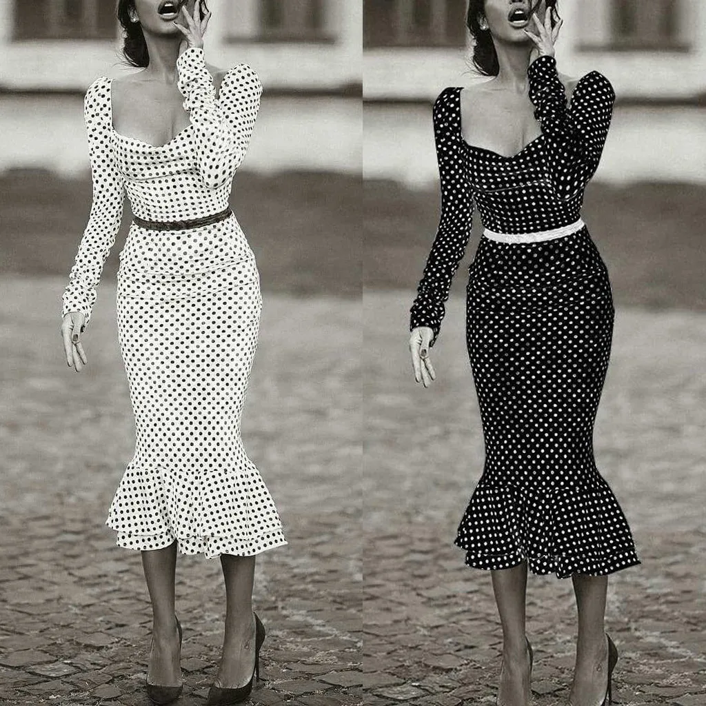

Dress 2019Top Women Long Sleeve Square Collar Dot Printed Bodycon Cocktail Prom Gown Dress