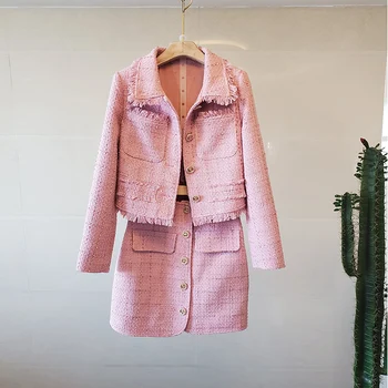 

High-end Autumn Small Fragrance French Long Sleeve Pink Jacket + Short Mini Skirt Suit Two Piece Outfits for Women K10053