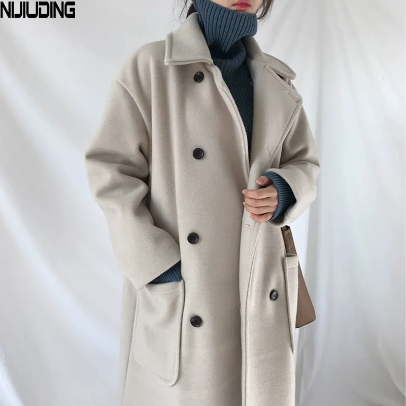 

NIJIUDING Women's Wool Cloth Coat 2020 Winter Ner Winter Long Sleeve Solid Turn Down Collar Single Breasted X-Long Jacket Female