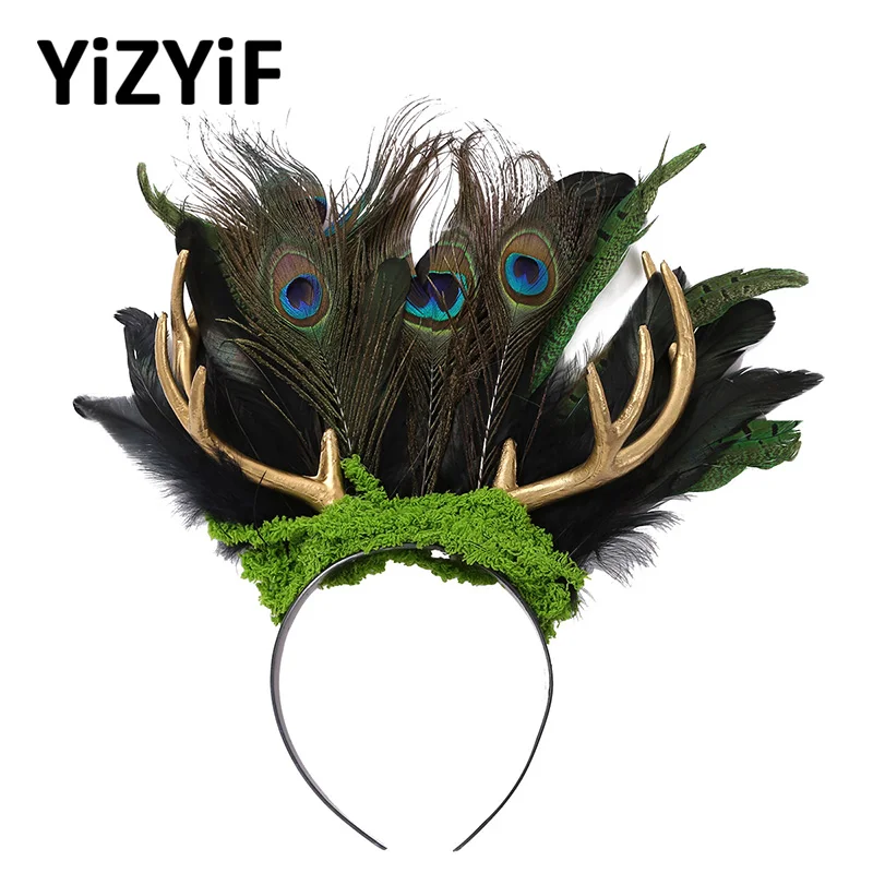 Gothic Feather Headband Headwear Natural Real Peacock Feather Elk Antler Hair Hoop Headdress Halloween Party Costume Accessories temperament peacock blue heavy silk dress women s fashion dress drawstring dress a shaped round neck slim party dress