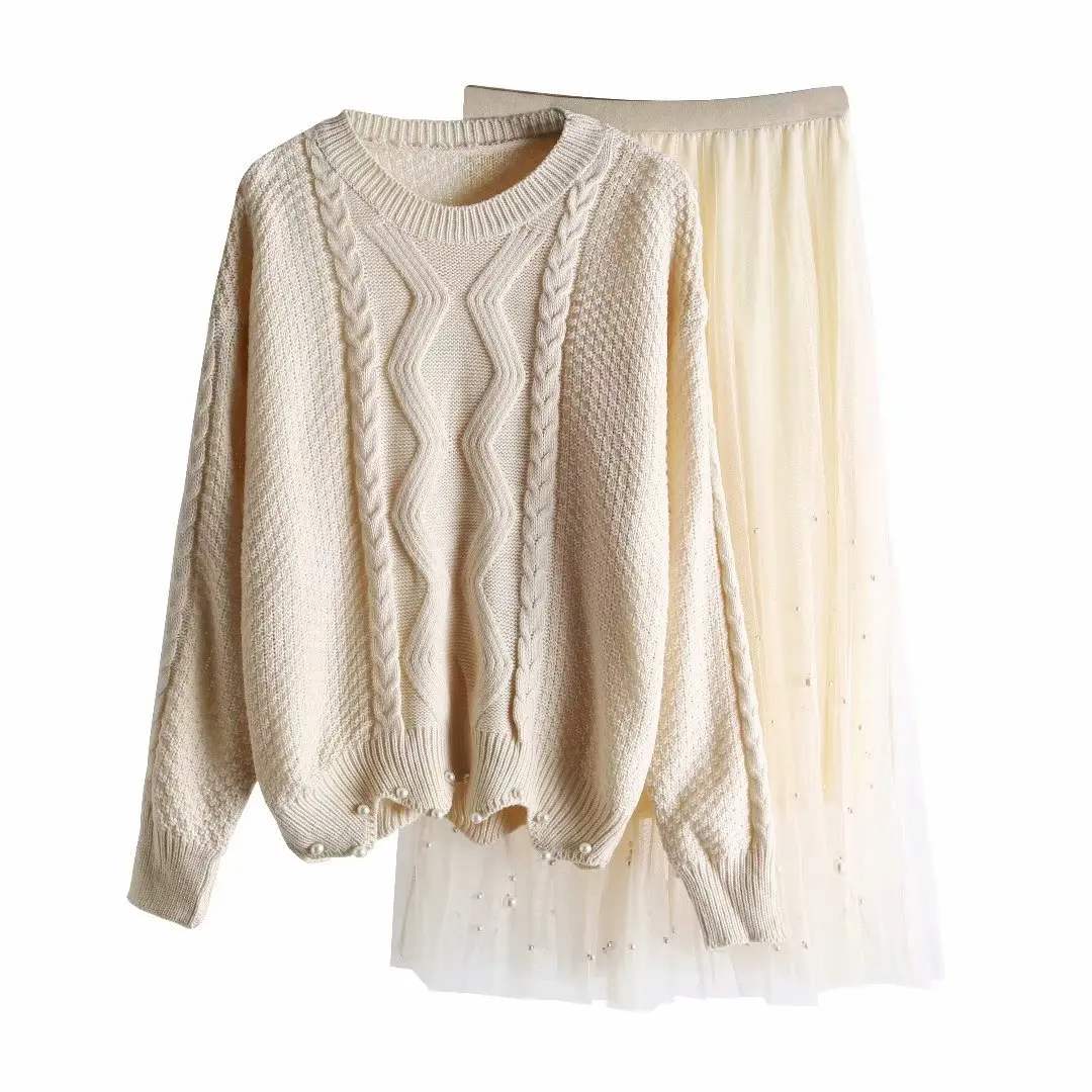 

2019 Autumn And Winter New Style Crew Neck Loose-Fit Linen Flower Color Pullover Sweater Sweater + Beads Gauze Skirt Women's