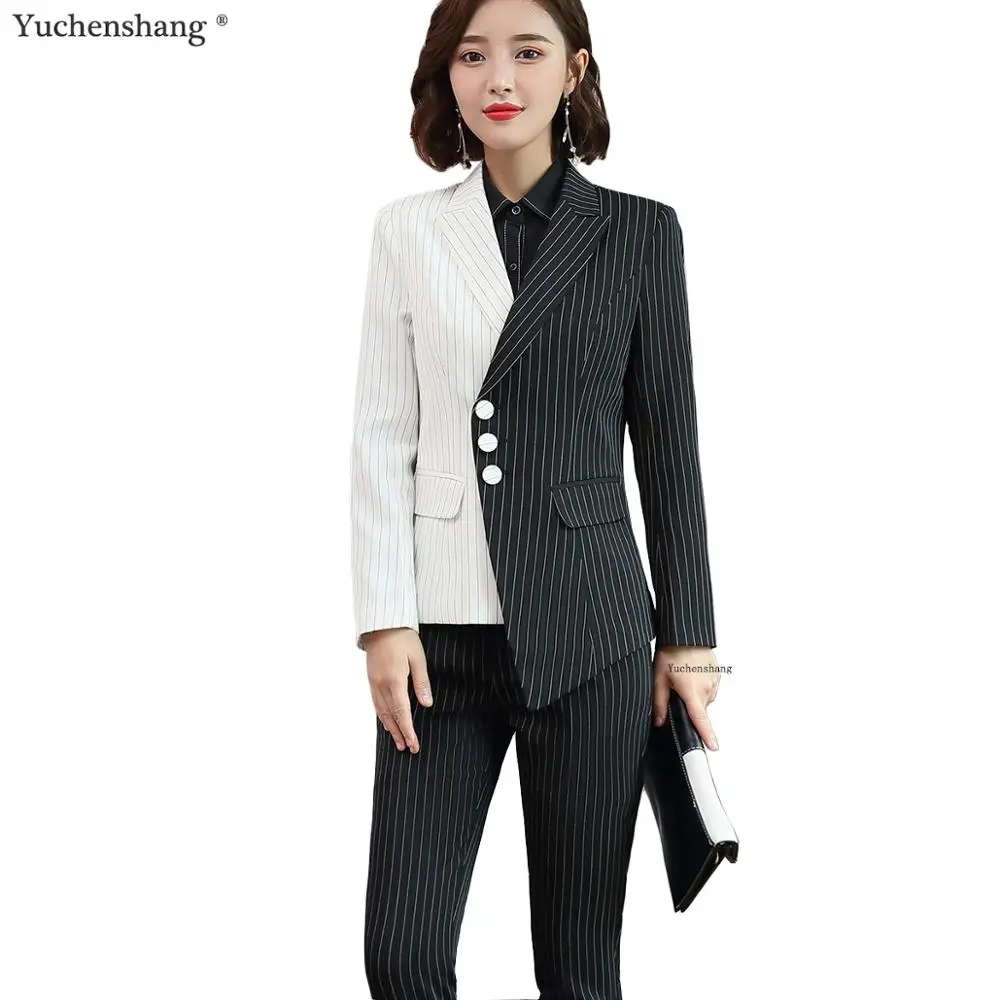New Women Black White Asymmetrical Striped Pant Suit Office Lady OL