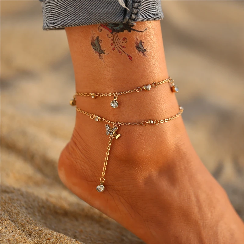 WEIHEEE Ankle Chain Bracelet Crystal Adjustable Barefoot Beach Anklet Boho Foot Costume Jewelry for Women 