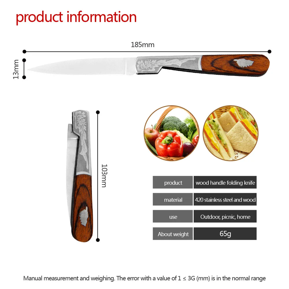Цин Высококачественный Нож для пикника из розового дерева+ складной карманный нож из нержавеющей стали Прочный острый нож для очистки овощей складной нож