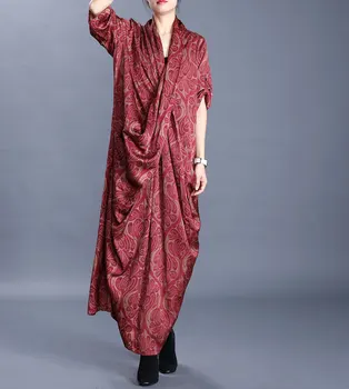 

Chinese Style Retro V Neck Seven Point Sleeve Female Loose Long Dress Spring Fashion Silk Printing Chest Cross Irregular Dress