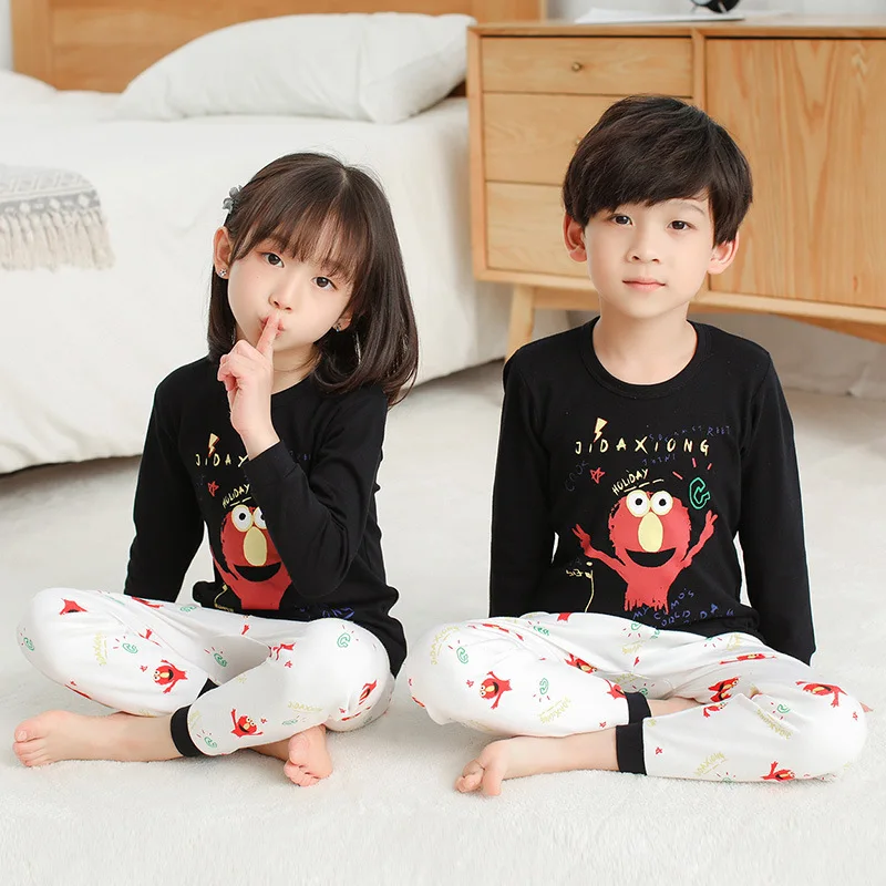 Детская одежда для сна пижамы для мальчиков и девочек детский пижамный комплект с принтом динозавра из мультфильма хлопковая одежда для сна для детей - Цвет: ELMO