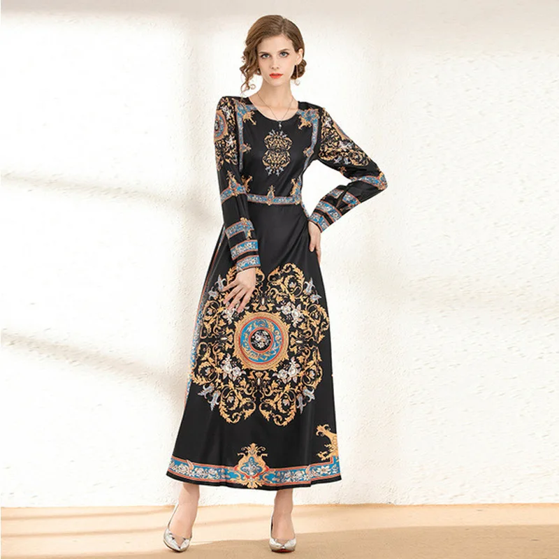 Винтажное платье с длинными рукавами и круглым вырезом черное принтом новый