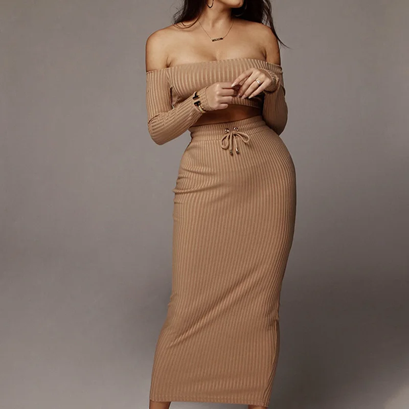 

Women Neckline Slash Neck Long Sleeve Knitted Dress Full Ankle-Length Maxi Dress Early Autumn Style Sexy Dress