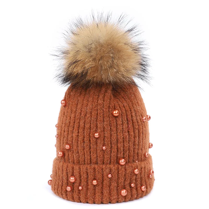 Модная вязаная шапка с жемчугом, женская шапка с помпоном из натурального меха, зимняя теплая хлопковая шапка с помпонами енота, Высококачественная утепленная женская шапка - Color: Dark Orange-1