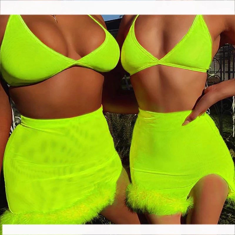 Neon Color Sexy Women Two Piece Outfits Hot Side Slit Party Matching Sets Backless Bralette And Mini Skirt Set Summer | Женская одежда