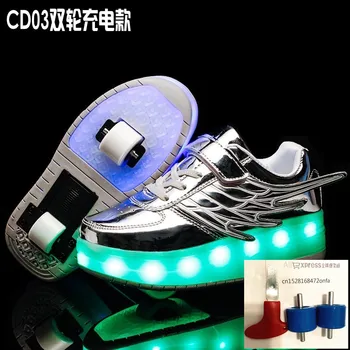 

SILVER Two Wheels Luminous Sneakers USB Charging Led Light Roller Skate Shoes for Children Kids Boys Girls Up