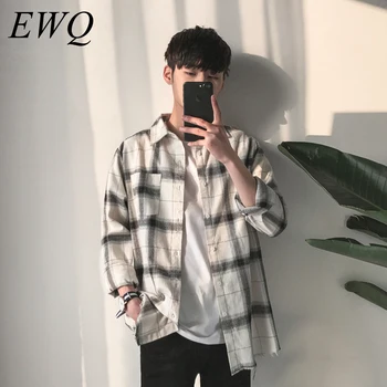 

EWQ 2020 Spring New Men's Long Sleeve Lapel Shirt Casual Loose Slim Vintage Plaid Printing All-match Shirt Male Tops HE089