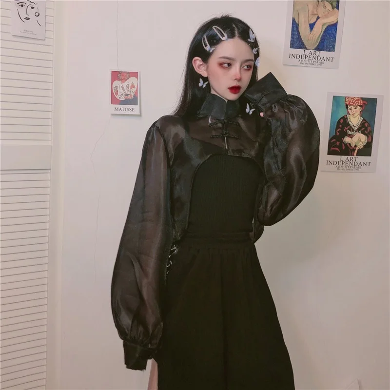 Women Chinese Shirt Chinese Style Clothing Women Fashion Mesh Transparent Tang Suit White See Through Asymmetric Shirt Cheongsam Top 10464 women cheongsam waistcoat