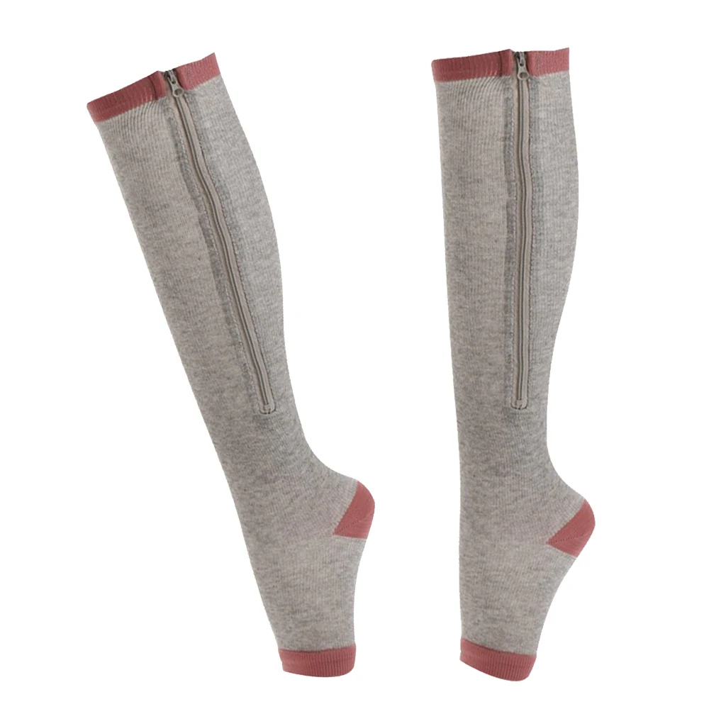 Compression Zip Up Socks Open-Toe Zipper Leg Support Knee Stocking Gray