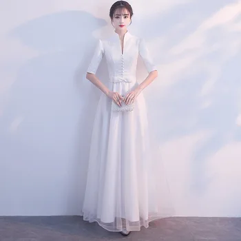 

White Womens V-Neck Mesh Long Party Dress New Evening Prom Half Sleeve Elegant Prom Chinese Style Vintage Gown Vestido XS-XXL