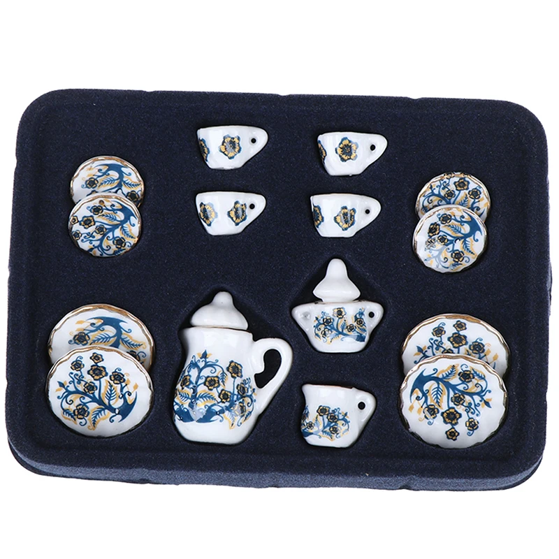 15pcs Ceramic Tea Cup Set Chintz Flower Tableware Kitchen Dollhouse Furniture Toys 6 Patterns For your choice