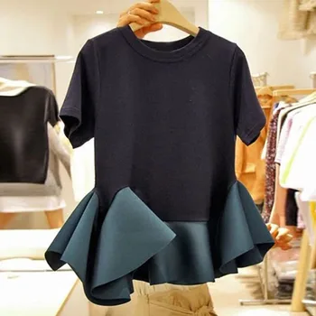 

Korean Summer Elegant Women T Shirt Black Ruffles Patchwork Loose Pullover Tops Harajuku Oversized Female Chic Solid T-Shirt