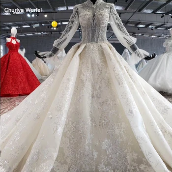 

HTL1031 Cristal Tassel High Neck Bridal Dress Long Sleeve Train Bead Pleat Modest Wedding Dresslace Up Back Suknie Slubne