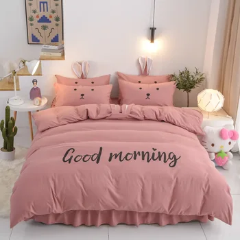 

4Pcs/Set Korean Princess Bed Skirt Rabbit-Bean Paste Duvet Cover+ Bed Skirt +Pillowcase Full Queen King bed