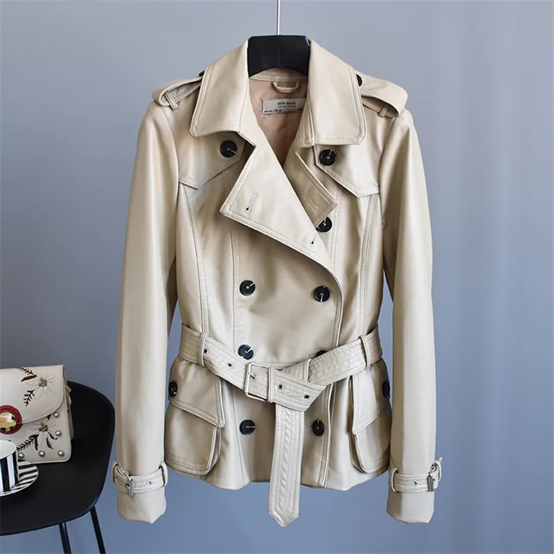 

Jackets For Women Spring 2019 Brand Leather Jacket Gothic Large Turn-Down Collar Sashes Short ladies leather Coat J494