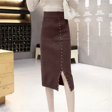 Новинка весны, Женские однотонные прямые трикотажные юбки на пуговицах с высокой талией, Повседневная модная женская теплая юбка миди с разрезом, Faldas D504