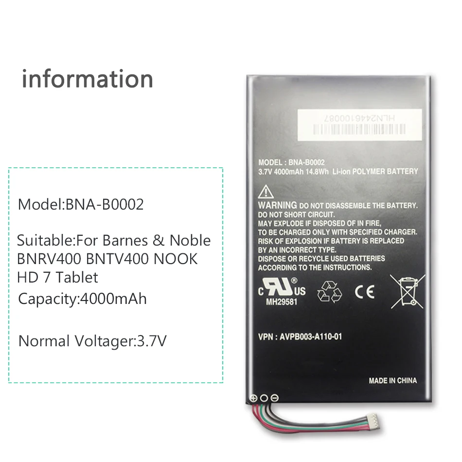 4000 мАч BNA-B0002 батарея для BARNES NOBLE NOOK электронная книга BNRV400 BNTV400 NOOK HD 7 батареи планшета