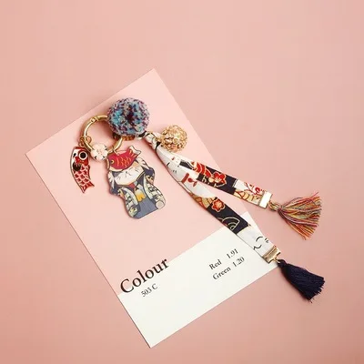 Милый мультфильм японская ткань художественная вышивка Счастливый Кот брелок для женщин сумка Школьный кулон украшение