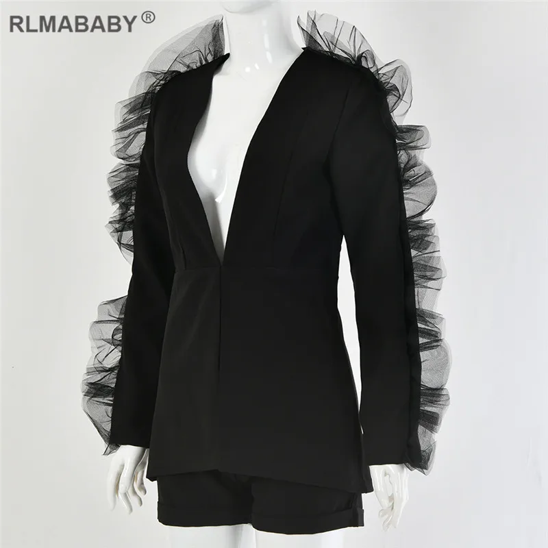 RLMABABY, белый сетчатый блейзер с оборками и шорты, комплект, глубокий v-образный вырез, длинный рукав, Женский комплект 2 шт., сексуальный комплект, Осень-зима