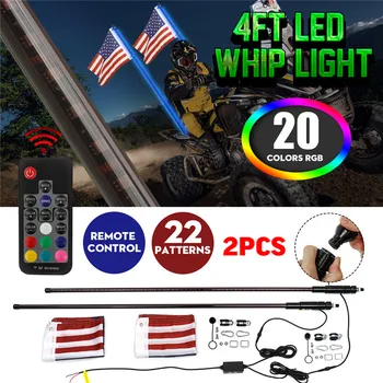 

1Pair LED Whip Light 3/4FT RGB Muti Color Bendable Wireless Remote Control Flagpole Lamp Light DC12V+America Flag with Base
