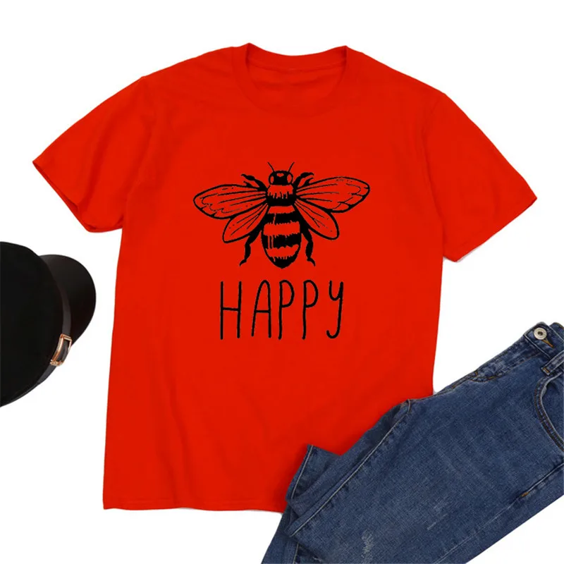 Женская футболка с надписью Happy Bee, хлопок, Повседневная футболка с коротким рукавом, осень, базовая футболка с круглым вырезом, женская одежда