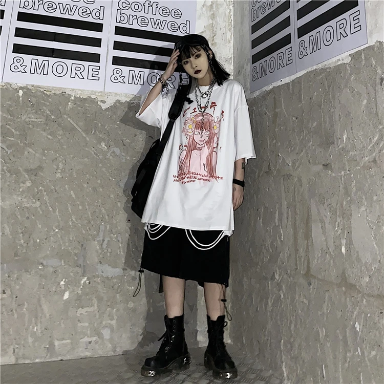 Mulheres pastel goth gráfico t camisa harajuku tshirt para senhoras kawaii  anime japonês roupas góticas preto t topo - AliExpress