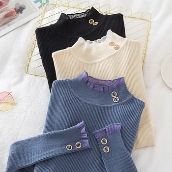

Croysier Woman Sweaters 2020 Autumn Winter Clothes Tops Pullover Women High Neck Button Frill Edge Soft Ribbed Knitted Sweater