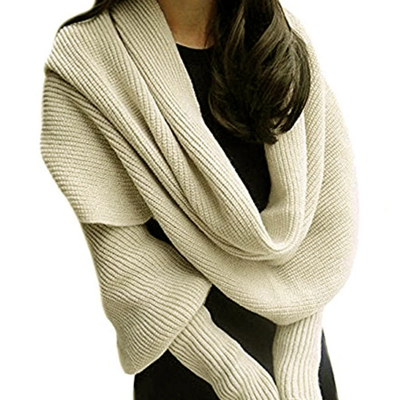 Модный женский вязаный пончо шарф с рукавом обертывание зимний теплый однотонный платок накидка-шарф hh88