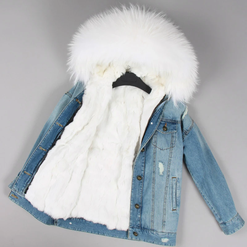 Perfect OFTBUY 2019 Winter Jacket Women Real Fur Coat Parka Real raccoon collar Rex Rabbit liner striped bomber Denim jacket Streetwear 19