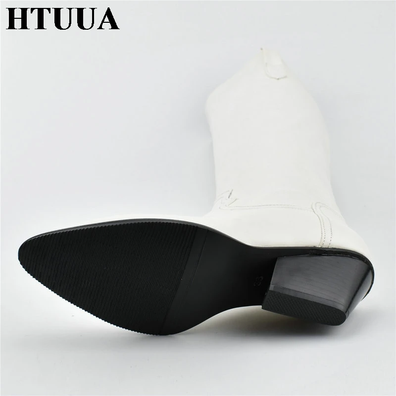 HTUUA/модные ковбойские сапоги Вестерн для подиума; женские сапоги до середины икры из искусственной кожи черного и белого цвета на массивной танкетке; осенне-зимняя обувь; SX3308