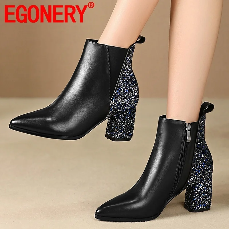 

EGONERY women shoes 2019 winter new fashion sexy pointed toe zip bling ankle boots outside high heels zip shoes drop shipping
