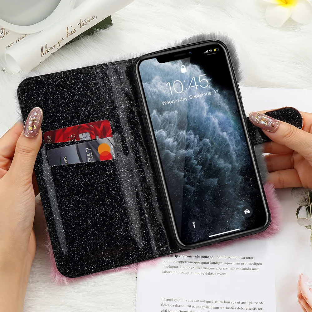 Pepmune роскошный флип пушистый меховой чехол для iPhone 11 Pro Max X Xr Xs блестящий кошелек кожаный чехол для Apple 7 Plus 8 6S 6 5 5S SE