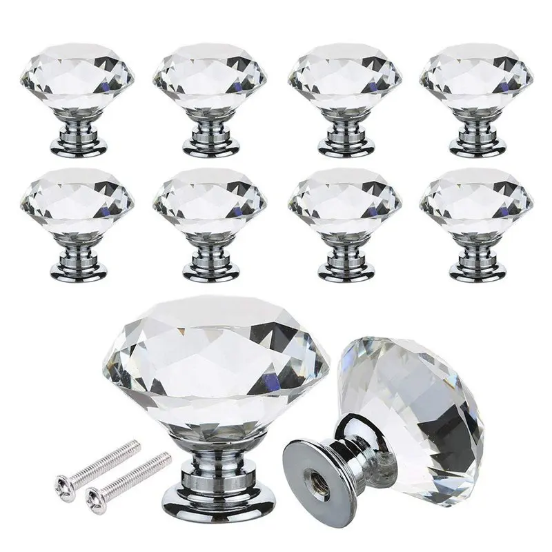 

16PCS Crystal Glass Door Knobs Clear Pull Handle Zinc Alloy with Screw for Drawer Cabinet Furniture Kitchen Home Decorating
