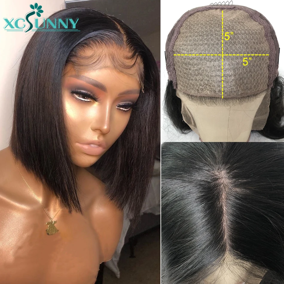 5x5 Silk Fake Scalp Top Bob Wig Lace Front Human Hair Wigs With Short Straight Closure Wig Pre Plucked Remy Brazilian xcsunny