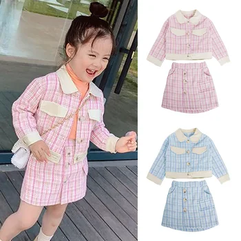 

Toddler Kid Baby Girl Plaid Clothes Set Long Sleve Knitted Coat Dress Set Elegant Cute Kids Girls Party Clothing Set 2-7 Years