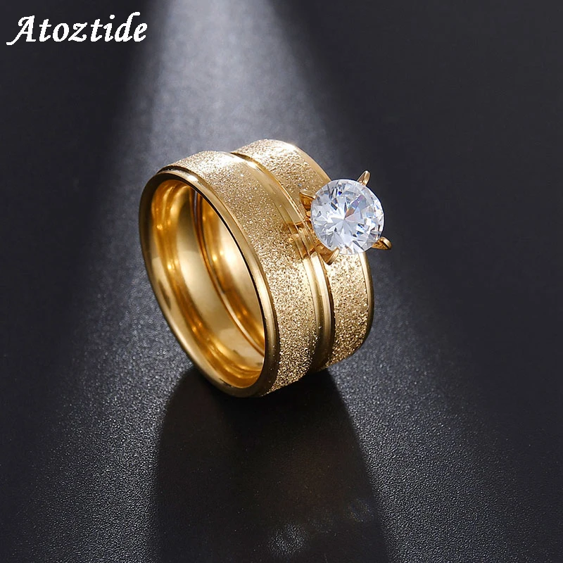 Atoztide Romantic Gold Titanium Steel Couple Ring Simple Crystal Polished 8MM Scrub Engagement Wedding Finger Ring For Lovers